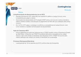 36
Redução
Complementação de Aposentadorias da Lei 4819
Decisão favorável do STF sobre 4819 em abril/2015 (define a Justiça Comum como
competente para julgar a causa)
Associação dos Aposentados da Fundação CESP entrou com recurso contra a decisão e
obteve medida cautelar (manutenção do pagamento da folha até que avaliação pela justiça
comum)
Em 14/10 o STF julgou o embargo e confirmou a competência da Justiça Comum, bem
como manteve a cautelar da Associação dos Aposentados
Ação de Cobrança 4819
Houve julgamento da ação de Cobrança que a CTEEP propôs contra a Fazenda do Estado
de São Paulo. O Recurso da CTEEP foi acolhido definindo a competência da Justiça
Comum, bem como direito à reembolso das despesas 4.819. CTEEP irá recorrer para
melhor definição das verbas com direito à reembolso na condenação
Processo Eletropaulo/Eletrobras
Laudo pericial de 16 de setembro de 2015 confirma tese da Companhia
Contingências
Status
(*) ex provisão de R$ 0,5 MM
 