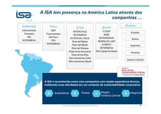 A ISA é reconhecida como uma companhia com ampla experiência técnica,
realizando suas atividades em um contexto de sustentabilidade corporativa
8
33
ISA
Colômbia
Intercolombia
Transelca
XM
INTERNEXA
Peru
REP
Transmantaro
ISA Perú
PDI
INTERNEXA
Chile
INTERCHILE
INTERNEXA
INTERVIAL CHILE
Ruta del Maipo
Ruta del Maule
Ruta del Bosque
Rutla de la Araucania
Ruta de los Rios
ISA inversiones Chile
ISA inversiones Maule
Brasil
CTEEP
IEMG
IEPINHEIROS
SERRA DO JAPI
EVRECY
INTERNEXA
ISA Capital do Brasil
Outros:
Equador
Bolívia
Argentina
Panamá
América Central
Subsidiárias 8 Países 1
Região:
América Central
4 Negócios
A ISA tem presença na América Latina através das
companhias …
 