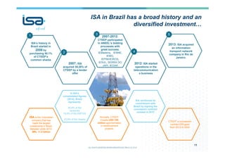 ISA in Brazil has a broad history and an
diversified investment…
11
In ISA’s
consolidated figures
(2014), Brazil
represents:
25,9% of the
revenues
16,0% of the EBITDA
23,9% of the Assets
2007-2012:
CTEEP participated
in ANEEL’s bidding
processes with
great success.
IEMadeira, IENNE,
IEMG,
IEPINHEIROS,
IESUL, SERRA DO
JAPI, IEGAR
ISA’s history in
Brazil started in
2006 by
purchasing 50.1%
of CTEEP’s
common shares
Annually, CTEEP,
invests USD 100
million approximately
in reinforcement
projects.
2007: ISA
acquired 39,28% of
CTEEP by a tender
offer
2013: ISA acquired
an information
transport network
company in Rio de
Janeiro.
2012: ISA started
operations in the
telecommunication
s business
ISA is the Colombian
company that has
made the largest
investments in Brazil.
Between 2006-2015:
BRL 11,3 billion
ISA reinforced its
commitment with
Brazil by signing the
concession contract
renewal in 2012
CTEEP’ s concession
contract 059 goes
from 2013 to 2042
1
2
3
4
5
 