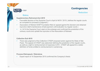 36
Reduction
Supplementary Retirement Act 4819
Favorable decision of the Supreme Court in April of 4819 / 2015 ( defines the regular courts
as competent to proceed to judgment )
Association of Retired CESP Foundation filed an appeal against the decision and obtained
injunctive relief (maintenance of leaf payment until evaluation by regular courts )
In 14/10 the Supreme Court ruled on the embargo and confirmed the jurisdiction of the
ordinary courts and upheld the injunction of the Association of Retirees
Collection Suit 4819
There was judgment of the Collection CTEEP proposed action against the State of São
Paulo. The appeal of CTEEP was welcomed defining the jurisdiction of the regular courts ,
as well as a right to reimbursement of expenses 4,819 . CTEEP will appeal for a better
definition of funds entitled to reimbursement in sentencing
Process Eletropaulo / Eletrobras
Expert report of 16 September 2015 confirmed the Company's thesis
Contingencies
Status
(*) ex provisão de R$ 0,5 MM
 