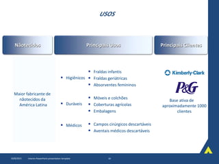 USOS
10/8/2015 Interim PowerPoint presentation template 10
Nãotecidos Principais Usos Principais Clientes
Maior fabricante de
nãotecidos da
América Latina
 Higiênicos
 Duráveis
 Médicos
 Fraldas infantis
 Fraldas geriátricas
 Absorventes femininos
 Móveis e colchões
 Coberturas agrícolas
 Embalagens
 Campos cirúrgicos descartáveis
 Aventais médicos descartáveis
Base ativa de
aproximadamente 1000
clientes
 