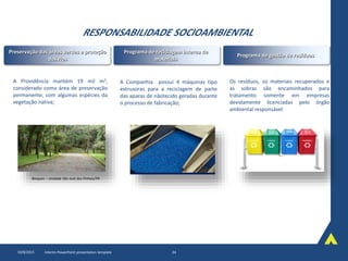 RESPONSABILIDADE SOCIOAMBIENTAL
10/8/2015 Interim PowerPoint presentation template 24
Bosques – Unidade São José dos Pinhais/PR
A Companhia possui 4 máquinas tipo
extrusoras para a reciclagem de parte
das aparas de nãotecido geradas durante
o processo de fabricação;
Os resíduos, os materiais recuperados e
as sobras são encaminhados para
tratamento somente em empresas
devidamente licenciadas pelo órgão
ambiental responsável.
Programa de reciclagem interna de
materiais
Programa de gestão de resíduos
Preservação das áreas verdes e proteção
dos rios
A Providência mantém 19 mil m2,
considerado como área de preservação
permanente, com algumas espécies da
vegetação nativa;
 