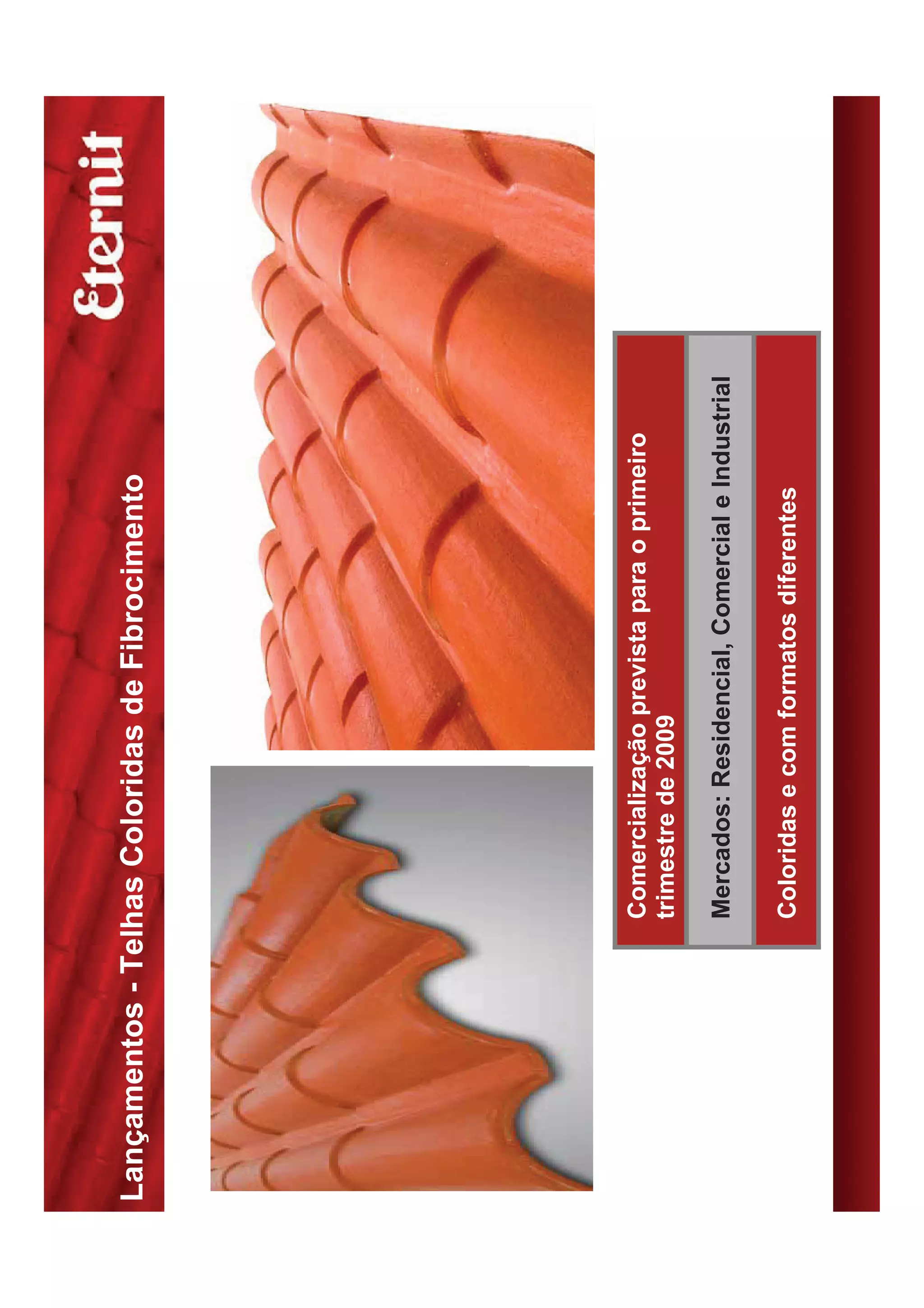 Lançamentos - Telhas Coloridas de Fibrocimento




                 Comercialização prevista para o primeiro
                 trimestre de 2009

                 Mercados: Residencial, Comercial e Industrial

                 Coloridas e com formatos diferentes
 