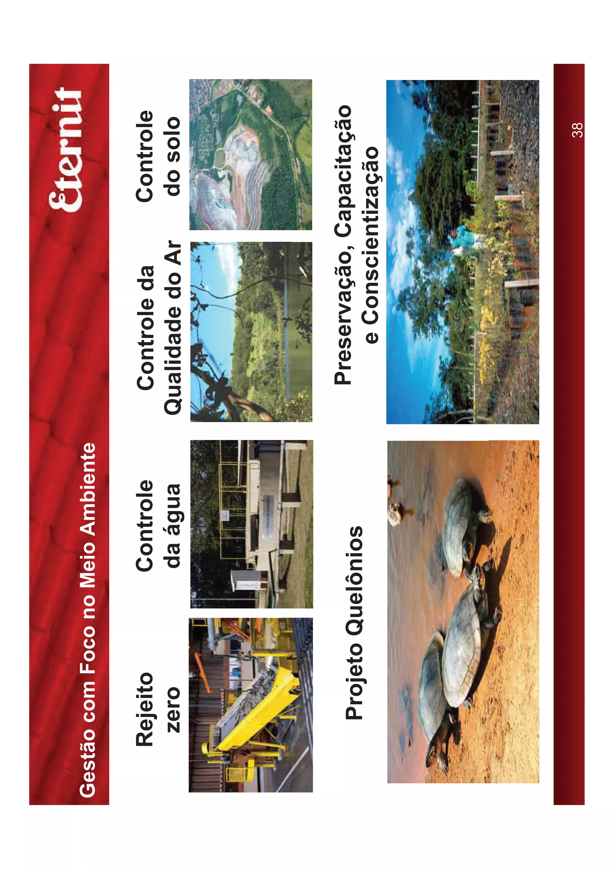 Gestão com Foco no Meio Ambiente

    Rejeito         Controle         Controle da     Controle
     zero           da água        Qualidade do Ar   do solo




      Projeto Quelônios              Preservação, Capacitação
                                        e Conscientização




                                                          38
 
