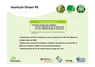 Aquisição Dimper RS




                                        Racional da Aquisição
                    • Avaliação atrativa dos múltiplos:
                        - 5.0x EV / EBITDA 07 (67,1% desconto)1
                        - 4.1x EV / EBITDA 08 (64,2% desconto)1

                    Observação (1): Considerando o preço da ação da Profarma em R$36,00 eestimativa média de
                    Ebitda do mercado




     • Investimento de R$ 13,1 milhões em uma companhia com R$ 132 milhões de
     vendas brutas em 2006
     • Quarto maior mercado farmacêutico no Brasil, equivalente a cerca de R$ 1,5
     bilhão em vendas em 2006 (7,3% do mercado brasileiro)
     • Potencial ganho de 1% de market share ao longo de 1 ano
 