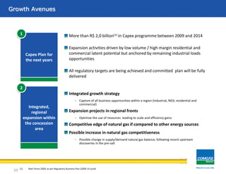 Growth Avenues
Integrated growth strategy
– Capture of all business opportunities within a region (industrial, NGV, residential and
commercial)
Expansion projects in regional fronts
– Optimize the use of resources leading to scale and efficiency gains
Competitive edge of natural gas if compared to other energy sources
Possible increase in natural gas competitiveness
– Possible change in supply/demand natural gas balance, following recent upstream
discoveries in the pre-salt
Integrated,
regional
expansion within
the concession
area
More than R$ 2,0 billion(1) in Capex programme between 2009 and 2014
Expansion activities driven by low volume / high margin residential and
commercial latent potential but anchored by remaining industrial loads
opportunities
All regulatory targets are being achieved and committed plan will be fully
delivered
Capex Plan for
the next years
1
2
(1) Real Terms 2009, as per Regulatory Business Plan (2009-14 cycle)
20
 