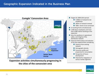 Santos’ Basin
Pré-Sal
Current
Expansion
Comgás’ Concession Area
Geographic Expansion Indicated in the Business Plan
Expansion activities simultaneously progressing in
the cities of the concession area
Targets for 2009-2014 period:
5.000km of network to be
established
282km of network renewal
500k+ clients to be connected
15 working fronts simultaneously
1.000 direct employees and more
than 4.000 indirect working on the
expansion
Aims for excellence in operational
safety and integrity of the
distribution network
Extensive field analysis and selection
of the best opportunities considering
Distance from existing
network
Demographic density
Economic profile and
propensity for consumption
Perspective of future
development
Potential for integration of
various market segments
21
 