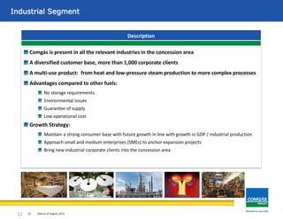 Industrial Segment
Comgás is present in all the relevant industries in the concession area
A diversified customer base, more than 1,000 corporate clients
A multi-use product: from heat and low-pressure steam production to more complex processes
Advantages compared to other fuels:
No storage requirements
Environmental issues
Guarantee of supply
Low operational cost
Growth Strategy:
Maintain a strong consumer base with future growth in line with growth in GDP / industrial production
Approach small and medium enterprises (SMEs) to anchor expansion projects
Bring new industrial corporate clients into the concession area
Description
22 (1) Data as of August, 2011
 