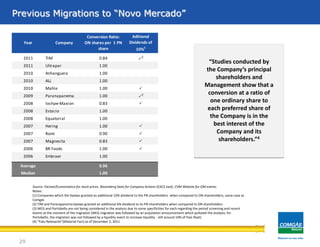 2011 TIM 0.84 P2
2011 Ultrapar 1.00
2010 Anhanguera 1.00
2010 ALL 1.00
2010 Mahle 1.00 P
2009 Paranapanema 1.00 P2
2008 lochpe-Maxion 0.83 P
2008 Estacio 1.00
2008 Equatorial 1.00
2007 Hering 1.00 P
2007 Romi 0.90 P
2007 Magnesita 0.83 P
2006 BR Foods 1.00 P
2006 Embraer 1.00
Average 0.96
Median 1.00
Year Company
Conversion Ratio:
ON shares per 1 PN
share
Aditional
Dividends of
10%1
Source: Factset/Economatica for stock prices. Bloomberg Data for Company Actions (CACS tool). CVM Website for GM events.
Notes:
(1) Companies which the bylaws granted an additional 10% dividend to the PN shareholders when compared to ON shareholders, same case as
Comgás
(2) TIM and Paranapanema bylaws granted an additional 6% dividend to its PN shareholders when compared to ON shareholders
(3) WEG and Portobello are not being considered in the analysis due to some specificities for each regarding the period screening and recent
events at the moment of the migration (WEG migration was followed by an acquisition announcement which polluted the analysis; for
Portobello, the migration was not followed by a liquidity event to increase liquidity - still around 10% of free-float)
(4) “Fato Relevante”(Material Fact) as of December 2, 2011
Previous Migrations to “Novo Mercado”
“Studies conducted by
the Company’s principal
shareholders and
Management show that a
conversion at a ratio of
one ordinary share to
each preferred share of
the Company is in the
best interest of the
Company and its
shareholders.”4
29
 