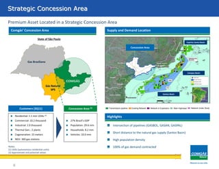 Área de concessãoStrategic Concession Area
8
Premium Asset Located in a Strategic Concession Area
Gas Brasiliano
Gás Natural
SPS
COMGÁS
Supply and Demand Location
Santos Basin
Concession Area
Comgás’ Concession Area
Highlights
Intersection of pipelines (GASBOL, GASAN, GASPAL)
Short distance to the natural gas supply (Santos Basin)
High population density
100% of gas demand contracted
Customers (3Q11)
Residential: 1.1 mm UDAs (1)
Commercial: 10.2 thousand
Industrial: 1.0 thousand
Thermal Gen.: 2 plants
Cogeneration: 23 meters
NGV: 360 gas stations
Concession Area (2)
27% Brazil’s GDP
Population: 29.6 mm
Households: 8.2 mm
Vehicles: 10.0 mm
Notes:
(1) UDAs (autonomous residential units).
(2) Approximate and potential values.
State of São Paulo
Drilled well
Campos Basin
Pre-salt reserves
Production field
Exploration block
Espírito Santo Basin
Existing NetworkTransmission pipeline Network in Expansion Main Highways Network Under Study
LULA
 