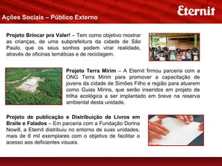 Ações Sociais – Público Externo

 Projeto Brincar pra Valer! – Tem como objetivo mostrar
 as crianças, de uma subprefeitura da cidade de São
 Paulo, que os seus sonhos podem virar realidade,
 através de oficinas temáticas e de reciclagem.


                          Projeto Terra Mirim – A Eternit firmou parceria com a
                          ONG Terra Mirim para promover a capacitação de
                          jovens da cidade de Simões Filho e região para atuarem
                          como Guias Mirins, que serão inseridos em projeto de
                          trilha ecológica a ser implantado em breve na reserva
                          ambiental desta unidade.

 Projeto de publicação e Distribuição de Livros em
 Braile e Falados – Em parceria com a Fundação Dorina
 Nowill, a Eternit distribuiu no entorno de suas unidades,
 mais de 6 mil exemplares com o objetivo de facilitar o
 acesso aos deficientes visuais.
 