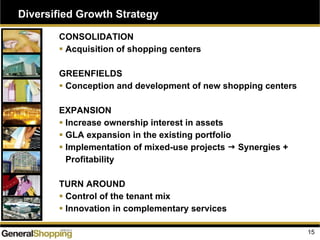 Diversified Growth Strategy
15
CONSOLIDATION
Acquisition of shopping centers
GREENFIELDS
Conception and development of new shopping centers
EXPANSION
Increase ownership interest in assets
GLA expansion in the existing portfolio
Implementation of mixed-use projects Synergies +
Profitability
TURN AROUND
Control of the tenant mix
Innovation in complementary services
 