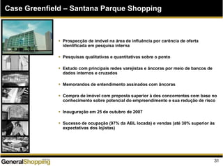 Case Greenfield – Santana Parque Shopping
Prospecção de imóvel na área de influência por carência de oferta
identificada em pesquisa interna
Pesquisas qualitativas e quantitativas sobre o ponto
Estudo com principais redes varejistas e âncoras por meio de bancos de
dados internos e cruzados
Memorandos de entendimento assinados com âncoras
Compra de imóvel com proposta superior à dos concorrentes com base no
conhecimento sobre potencial do empreendimento e sua redução de risco
Inauguração em 25 de outubro de 2007
Sucesso de ocupação (97% da ABL locada) e vendas (até 30% superior às
expectativas dos lojistas)
31
 