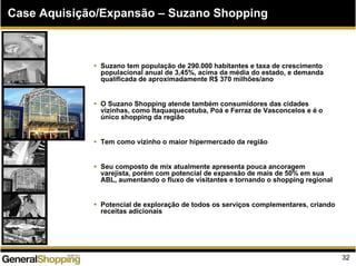 Suzano tem população de 290.000 habitantes e taxa de crescimento
populacional anual de 3,45%, acima da média do estado, e demanda
qualificada de aproximadamente R$ 370 milhões/ano
O Suzano Shopping atende também consumidores das cidades
vizinhas, como Itaquaquecetuba, Poá e Ferraz de Vasconcelos e é o
único shopping da região
Tem como vizinho o maior hipermercado da região
Seu composto de mix atualmente apresenta pouca ancoragem
varejista, porém com potencial de expansão de mais de 50% em sua
ABL, aumentando o fluxo de visitantes e tornando o shopping regional
Potencial de exploração de todos os serviços complementares, criando
receitas adicionais
Case Aquisição/Expansão – Suzano Shopping
32
 