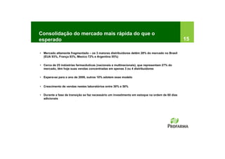 Consolidação do mercado mais rápida do que o
esperado                                                                                         15

• Mercado altamente fragmentado – os 3 maiores distribuidores detêm 28% do mercado no Brasil
  (EUA 93%, França 93%, Mexico 72% e Argentina 55%)

• Cerca de 25 indústrias farmacêuticas (nacionais e multinacionais), que representam 27% do
  mercado, têm hoje suas vendas concentradas em apenas 3 ou 4 distribuidores

• Espera-se para o ano de 2008, outros 10% adotem esse modelo


• Crescimento de vendas nestes laboratórios entre 30% e 50%

• Durante a fase de transição se faz necessário um investimento em estoque na ordem de 60 dias
  adicionais
 