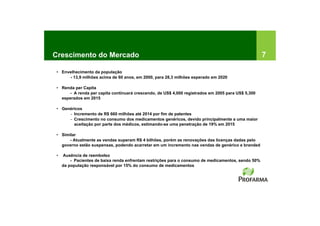 Crescimento do Mercado                                                                              7

• Envelhecimento da população
     - 13,9 milhões acima de 60 anos, em 2000, para 28,3 milhões esperado em 2020

• Renda per Capita
      - A renda per capita continuará crescendo, de US$ 4,000 registrados em 2005 para US$ 5,300
  esperados em 2015

• Genéricos
     - Incremento de R$ 660 milhões até 2014 por fim de patentes
     - Crescimento no consumo dos medicamentos genéricos, devido principalmente a uma maior
       aceitação por parte dos médicos, estimando-se uma penetração de 19% em 2015

• Similar
      - Atualmente as vendas superam R$ 4 bilhões, porém as renovações das licenças dadas pelo
  governo estão suspensas, podendo acarretar em um incremento nas vendas de genérico e branded

•   Ausência de reembolso
        - Pacientes de baixa renda enfrentam restrições para o consumo de medicamentos, sendo 50%
    da população responsável por 15% do consumo de medicamentos
 