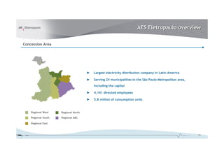 AES Eletropaulo overview
Concession Area

►

Largest electricity distribution company in Latin America

►

Serving 24 municipalities in the São Paulo Metropolitan area,
including the capital

►
►

Regional West

5.8 million of consumption units

Regional North

Regional South

4,141 directed employees

Regional ABC

Regional East

10

 