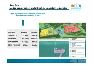 Port Açu
  Under construction and attracting important industries

   Port Açu construction started in October/2007
         and has already 46 MoUs in place




IRON ORE          26.5 Mtpy     1 contract
 IRON ORE          26.5 Mtpy     1 contract
LIQUID BULK         5.5 M m³      7 MoUs
 LIQUID BULK         5.5 M m³      7 MoUs
CONTAINER          73.4 k TEUs 29 MoUs
 CONTAINER          73.4 k TEUs 29 MoUs
COAL/CEMENT
 COAL/CEMENT       11.2 Mtpy
                    11.2 Mtpy     66 MoUs
                                    MoUs

STEEL PRODUCTS
 STEEL PRODUCTS     8.2 Mtpy
                     8.2 Mtpy     44 MoUs
                                    MoUs




                                                           17
 