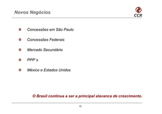 Novos Negócios


    Concessões em São Paulo

    Concessões Federais

    Mercado Secundário

    PPP`s

    México e Estados Unidos




       O Brasil continua a ser a principal alavanca de crescimento.

                                15
 