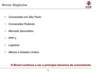 Novos Negócios


 •   Concessões em São Paulo

 •   Concessões Federais

 •   Mercado Secundário

 •   PPP`s

 •   Logística

 •   México e Estados Unidos



      O Brasil continua a ser a principal alavanca de crescimento.
                                 14
 