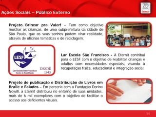 Ações Sociais – Público Externo

   Projeto Brincar pra Valer! – Tem como objetivo
   mostrar as crianças, de uma subprefeitura da cidade de
   São Paulo, que os seus sonhos podem virar realidade,
   através de oficinas temáticas e de reciclagem.



                                  Lar Escola São Francisco - A Eternit contribui
                                  para o LESF com o objetivo de reabilitar crianças e
                                  adultos com necessidades especiais, visando à
                                  recuperação física, educacional e integração social.


   Projeto de publicação e Distribuição de Livros em
   Braile e Falados – Em parceria com a Fundação Dorina
   Nowill, a Eternit distribuiu no entorno de suas unidades,
   mais de 6 mil exemplares com o objetivo de facilitar o
   acesso aos deficientes visuais.


                                                                                         50
 