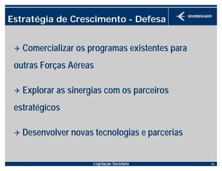 Legislação Societária 14
Estratégia de Crescimento - Defesa
Q Comercializar os programas existentes para
outras Forças Aéreas
Q Explorar as sinergias com os parceiros
estratégicos
Q Desenvolver novas tecnologias e parcerias
 