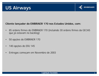 Legislação Societária 5
US Airways
Cliente lançador do EMBRAER 170 nos Estados Unidos, com:
• 85 ordens firmes do EMBRAER 170 (incluindo 30 ordens firmes da GECAS
que já estavam no backlog)
• 50 opções do EMBRAER 170
• 140 opções do ERJ 145
• Entregas começam em Novembro de 2003
 