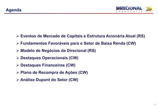 3
Agenda
 Eventos de Mercado de Capitais e Estrutura Acionária Atual (RS)
 Fundamentos Favoráveis para o Setor de Baixa Renda (CW)
 Modelo de Negócios da Direcional (RS)
 Destaques Operacionais (CW)
 Destaques Financeiros (CW)
 Plano de Recompra de Ações (CW)
 Análise Dupont do Setor (CW)
 