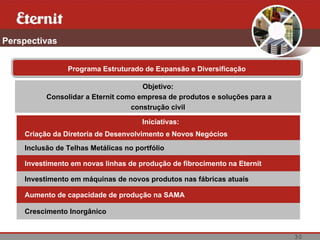 30
Perspectivas
Programa Estruturado de Expansão e Diversificação
Objetivo:
Consolidar a Eternit como empresa de produtos e soluções para a
construção civil
Iniciativas:
Criação da Diretoria de Desenvolvimento e Novos Negócios
Inclusão de Telhas Metálicas no portfólio
Investimento em novas linhas de produção de fibrocimento na Eternit
Investimento em máquinas de novos produtos nas fábricas atuais
Aumento de capacidade de produção na SAMA
Crescimento Inorgânico
 