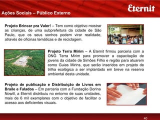 Ações Sociais – Público Externo

 Projeto Brincar pra Valer! – Tem como objetivo mostrar
 as crianças, de uma subprefeitura da cidade de São
 Paulo, que os seus sonhos podem virar realidade,
 através de oficinas temáticas e de reciclagem.


                          Projeto Terra Mirim – A Eternit firmou parceria com a
                          ONG Terra Mirim para promover a capacitação de
                          jovens da cidade de Simões Filho e região para atuarem
                          como Guias Mirins, que serão inseridos em projeto de
                          trilha ecológica a ser implantado em breve na reserva
                          ambiental desta unidade.

 Projeto de publicação e Distribuição de Livros em
 Braile e Falados – Em parceria com a Fundação Dorina
 Nowill, a Eternit distribuiu no entorno de suas unidades,
 mais de 6 mil exemplares com o objetivo de facilitar o
 acesso aos deficientes visuais.



                                                                               40
 