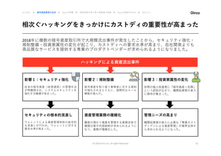 相次ぐハッキングをきっかけにカストディの重要性が高まった
© 2020 Ginco inc. All rights Reserved 10
2018年に複数の暗号資産取引所で大規模流出事件が発生したことから、セキュリティ強化・
規制整備・投資家属性の変化が起こり、カストディへの要求水準が高まり、自社開発よりも
高品質なサービスを提供する専業のプロダクトベンダーが求められるようになりました。
はじめに ▶ 暗号資産業界の近況 ▶ Gincoの事業 ▶ 暗号資産を取り扱う事業者の実態 ▶ Gincoの提供するAPI ▶ おわりに
ハッキングによる資産流出事件
影響１：セキュリティ強化
従来の暗号資産（仮想通貨）の管理手法
が問題視され、システムセキュリティを
強化する機運が高まった。
影響２：規制整備
暗号資産を取り扱う事業者に対する規制
が強化されるとともに、国際的なルール
構築が進んだ。
影響３：投資家属性の変化
⺠間の個⼈投資家に「暗号資産＝危険」
という認知が広がり、機関投資家の参入
に期待が集まった。
セキュリティの根本的見直し
ウォレットによる資産管理体制の抜本的
な見直しが行われ、ウォレットに対する
要求水準が高まった。
資産管理業務の複雑化
顧客の預かり資産を管理する業務全体で
権限分掌や内部統制が求められるように
なり、業務が複雑化した。
管理ニーズの高まり
機関投資家の参入に必要な「専業カスト
ディアンによる資産管理」が業界全体か
ら求められるようになった。
 