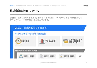 株式会社Gincoについて
© 2020 Ginco inc. All rights Reserved 3
Gincoは「経済のめぐりを変える」をミッションに掲げ、デジタルアセット領域を中心に
ブロックチェーンの実用化に取り組んでいます。
はじめに ▶ 暗号資産業界の近況 ▶ Gincoの事業 ▶ 暗号資産を取り扱う事業者の実態 ▶ Gincoの提供するAPI ▶ おわりに
Mission : 経済のめぐりを変える
経営資源のデジタル化支援
デジタルアセットのビジネス活用支援
暗号資産 デジタル証券
その他のトークン
NFT・地域通貨・
ポイント等
労務管理・給与管理 会計管理・契約管理 在庫管理・流通管理 など
 