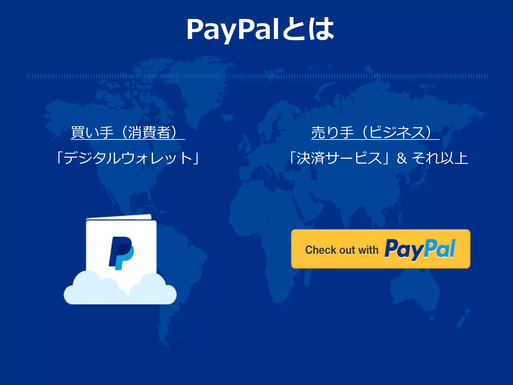 PayPalとは
売り手（ビジネス）
「決済サービス」& それ以上
買い手（消費者）
「デジタルウォレット」
 