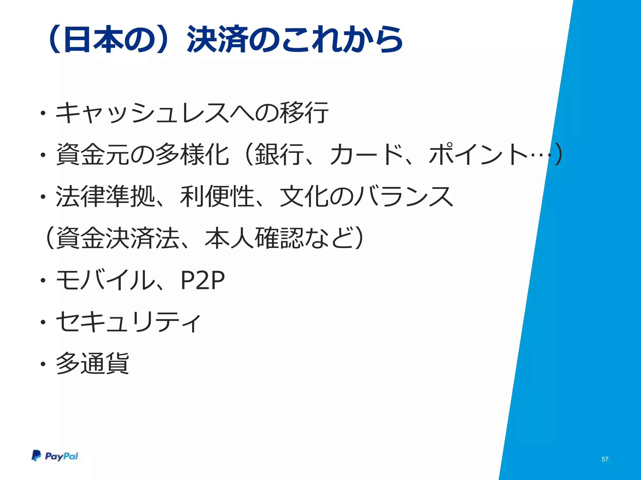 57
（日本の）決済のこれから
・キャッシュレスへの移行
・資金元の多様化（銀行、カード、ポイント…）
・法律準拠、利便性、文化のバランス
（資金決済法、本人確認など）
・モバイル、P2P
・セキュリティ
・多通貨
 