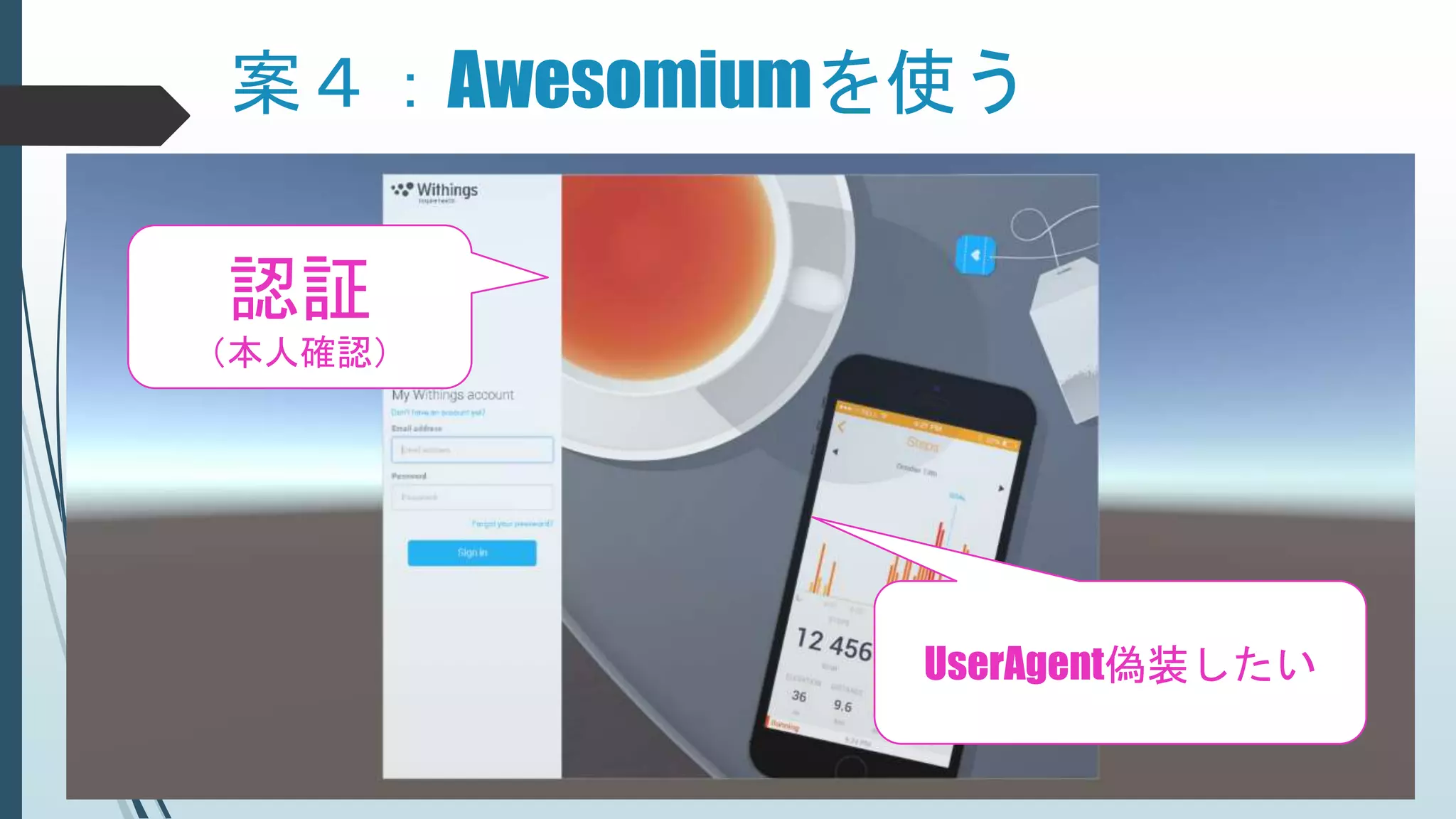 案４：Awesomiumを使う
認証
（本人確認）
UserAgent偽装したい
 