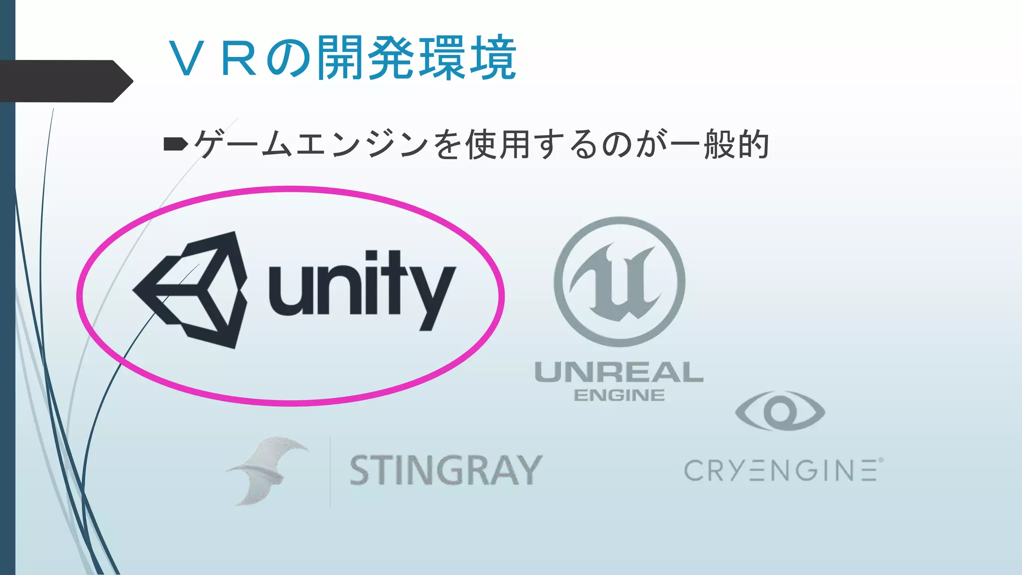 ＶＲの開発環境
ゲームエンジンを使用するのが一般的
 