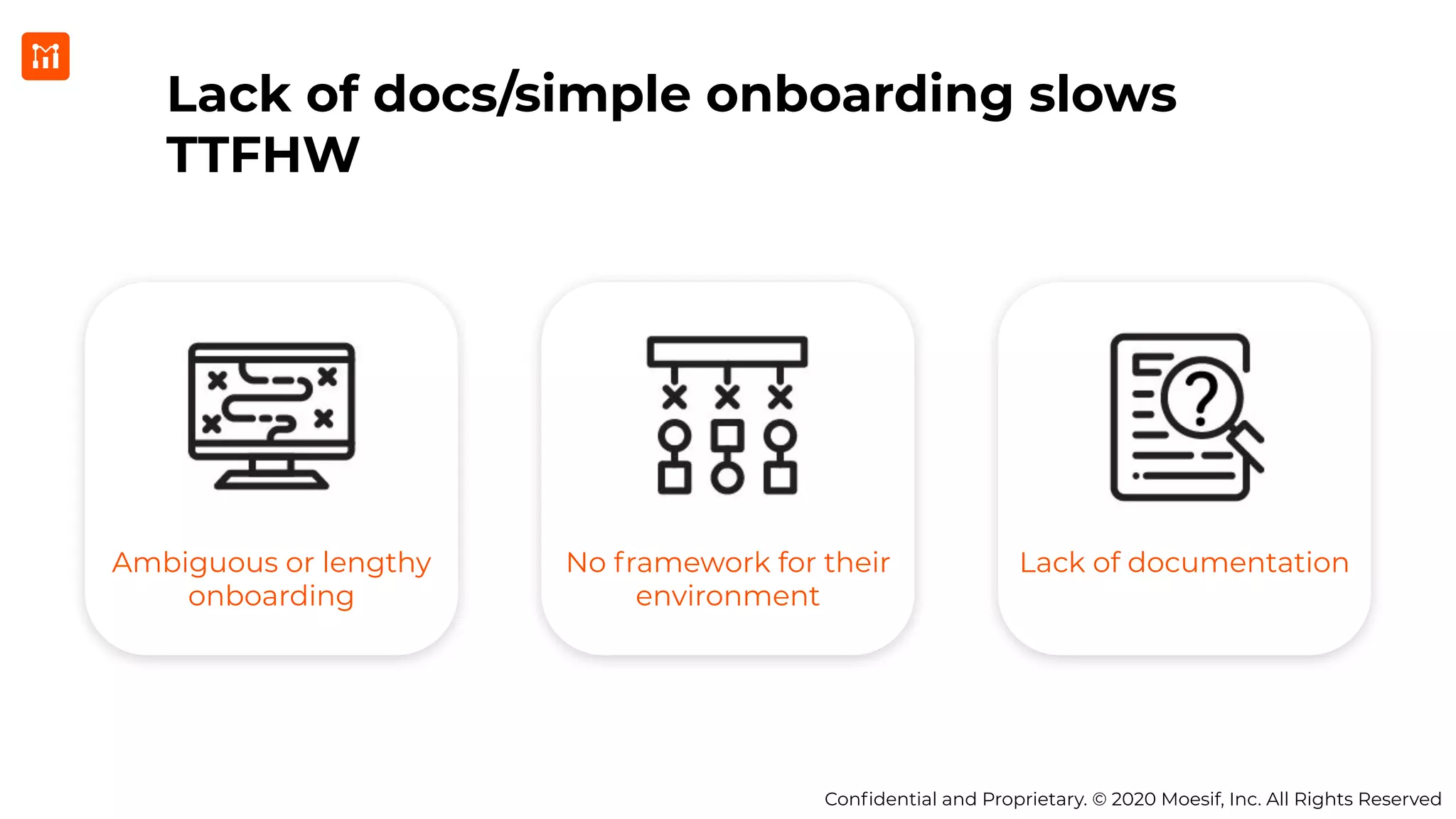 Conﬁdential and Proprietary. © 2020 Moesif, Inc. All Rights Reserved
Lack of docs/simple onboarding slows
TTFHW
Ambiguous or lengthy
onboarding
No framework for their
environment
Lack of documentation
 