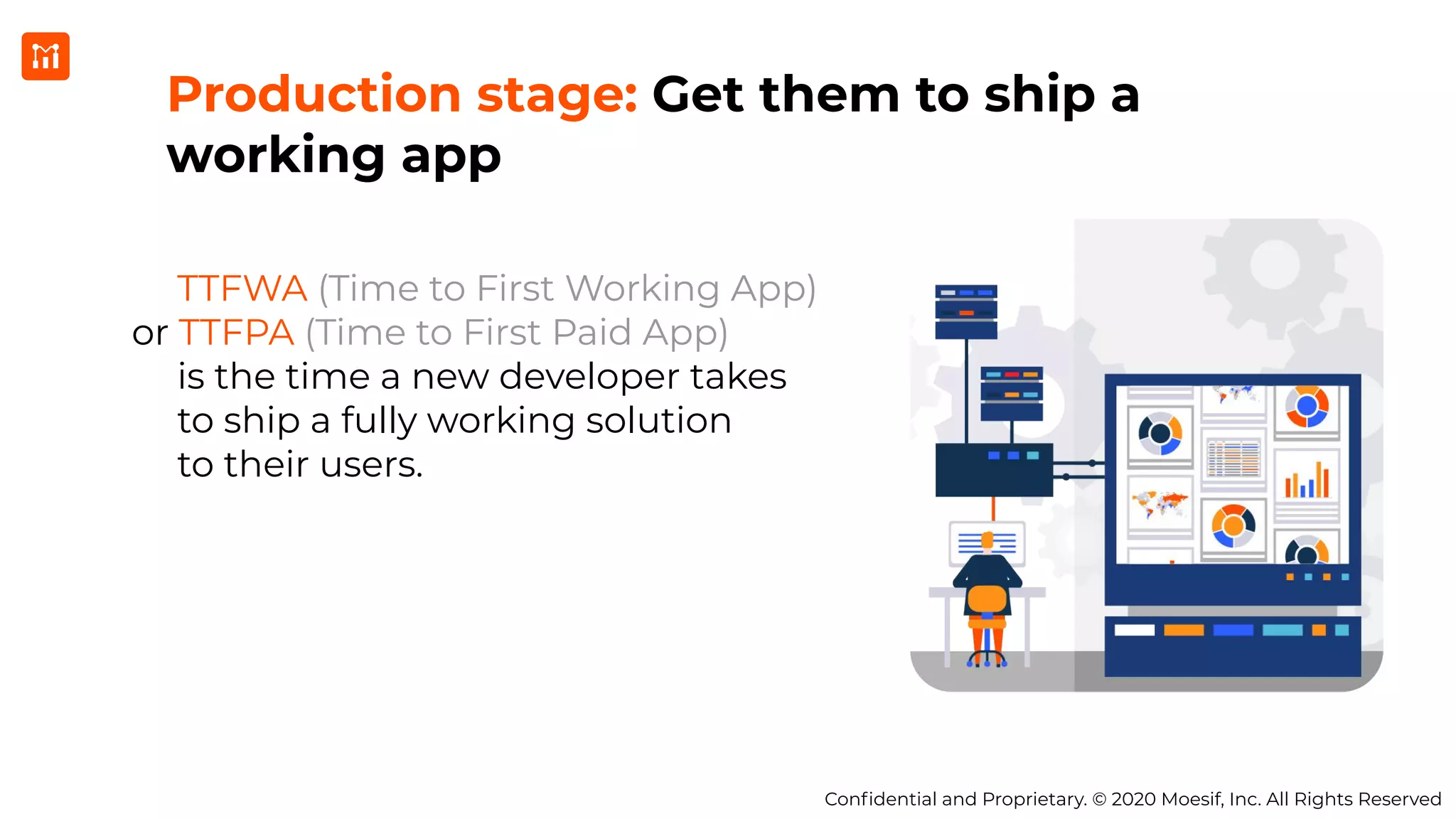 Conﬁdential and Proprietary. © 2020 Moesif, Inc. All Rights Reserved
Production stage: Get them to ship a
working app
TTFWA (Time to First Working App)
or TTFPA (Time to First Paid App)
is the time a new developer takes
to ship a fully working solution
to their users.
 