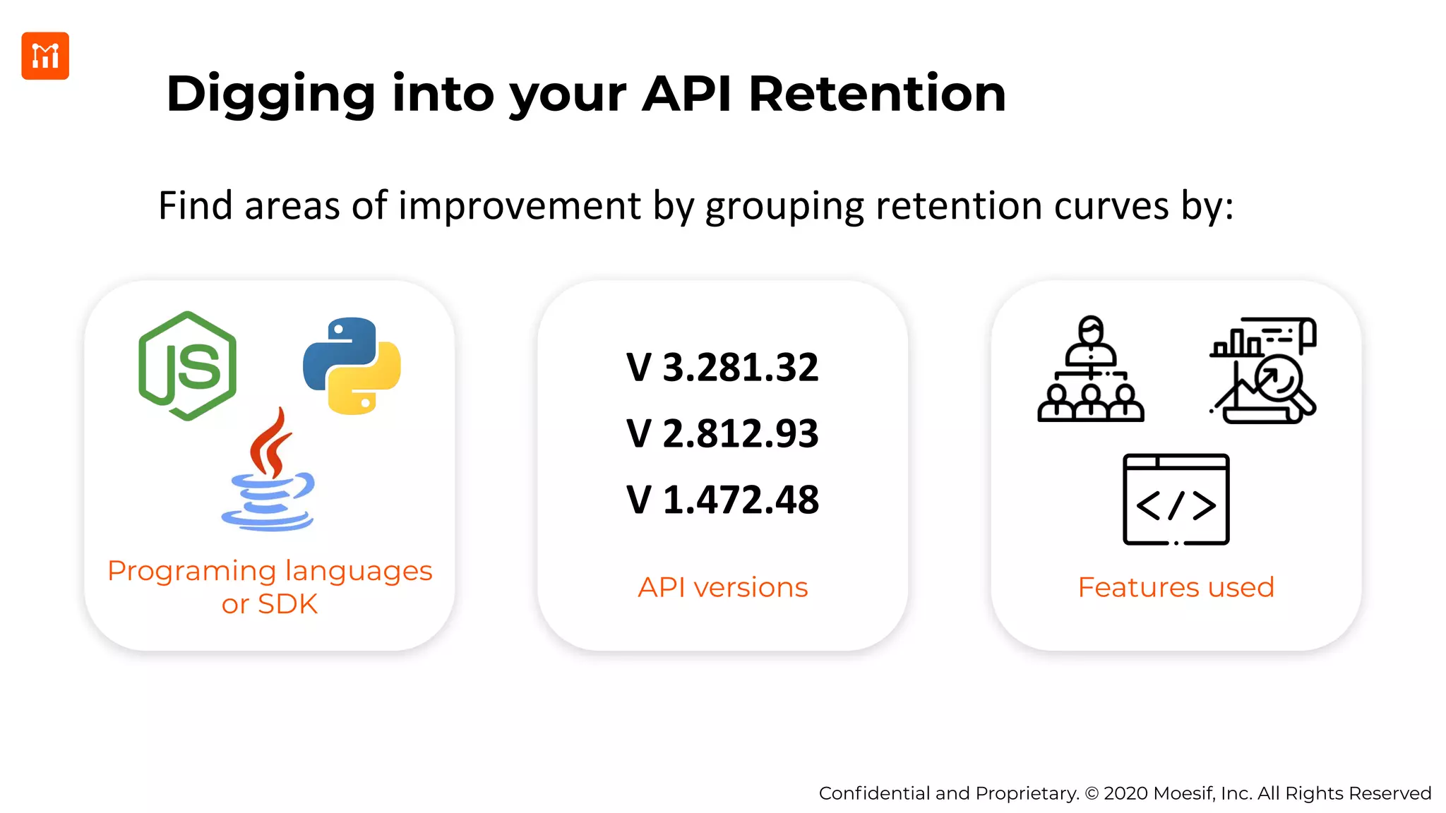 Conﬁdential and Proprietary. © 2020 Moesif, Inc. All Rights Reserved
Programing languages
or SDK
API versions Features used
Digging into your API Retention
Find areas of improvement by grouping retention curves by:
V 3.281.32
V 2.812.93
V 1.472.48
 
