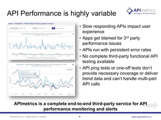 API Performance is highly variable
• Slow responding APIs impact user
experience
• Apps get blamed for 3rd party
performance issues
• APIs run with persistent error rates
• No complete third-party functional API
testing available
• API ping tests or one-off tests don‟t
provide necessary coverage or deliver
trend data and can‟t handle multi-part
API calls

APImetrics is a complete end-to-end third-party service for API
performance monitoring and alerts
© 2013 APImetrics, Inc. All Rights Reserved. Confidential.

4

www.apimetrics.io

 