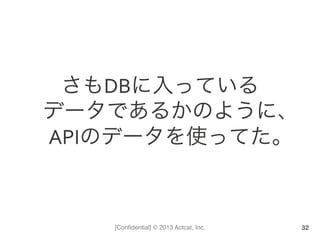 [Conﬁdential] © 2013 Actcat, Inc.
さもDBに入っている	
  
データであるかのように、	
  
APIのデータを使ってた。
32
 