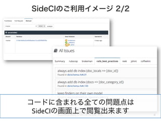 [Conﬁdential] © 2013 Actcat, Inc.
SideCIのご利用イメージ 2/2
4
コードに含まれる全ての問題点は	
  
SideCIの画面上で閲覧出来ます	
  
 