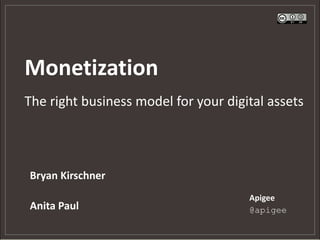 Monetization
The right business model for your digital assets
Bryan Kirschner
Anita Paul
Apigee
@apigee
 