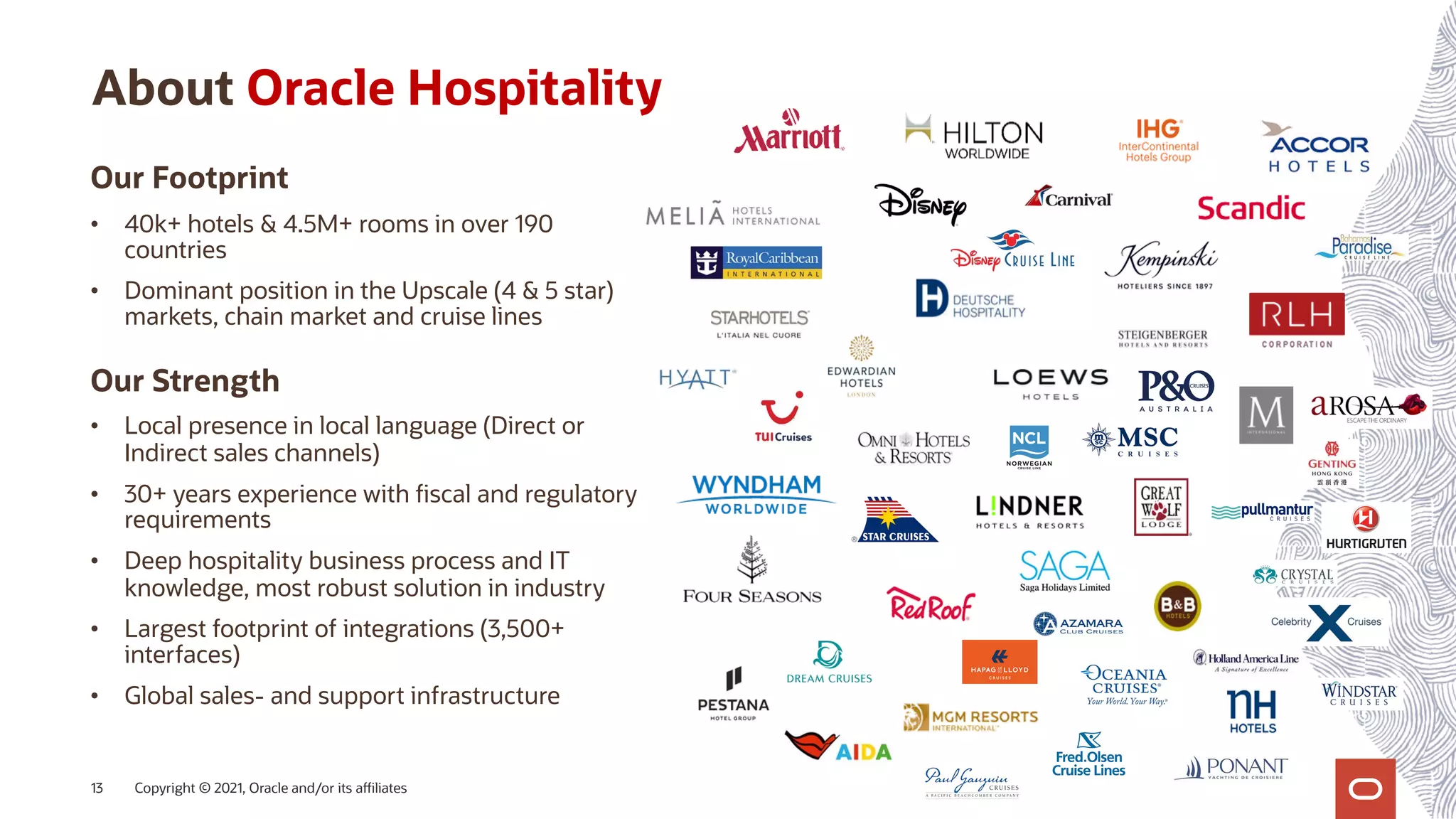 About Oracle Hospitality
Copyright © 2021, Oracle and/or its affiliates
13
Our Footprint
• 40k+ hotels & 4.5M+ rooms in over 190
countries
• Dominant position in the Upscale (4 & 5 star)
markets, chain market and cruise lines
Our Strength
• Local presence in local language (Direct or
Indirect sales channels)
• 30+ years experience with fiscal and regulatory
requirements
• Deep hospitality business process and IT
knowledge, most robust solution in industry
• Largest footprint of integrations (3,500+
interfaces)
• Global sales- and support infrastructure
 