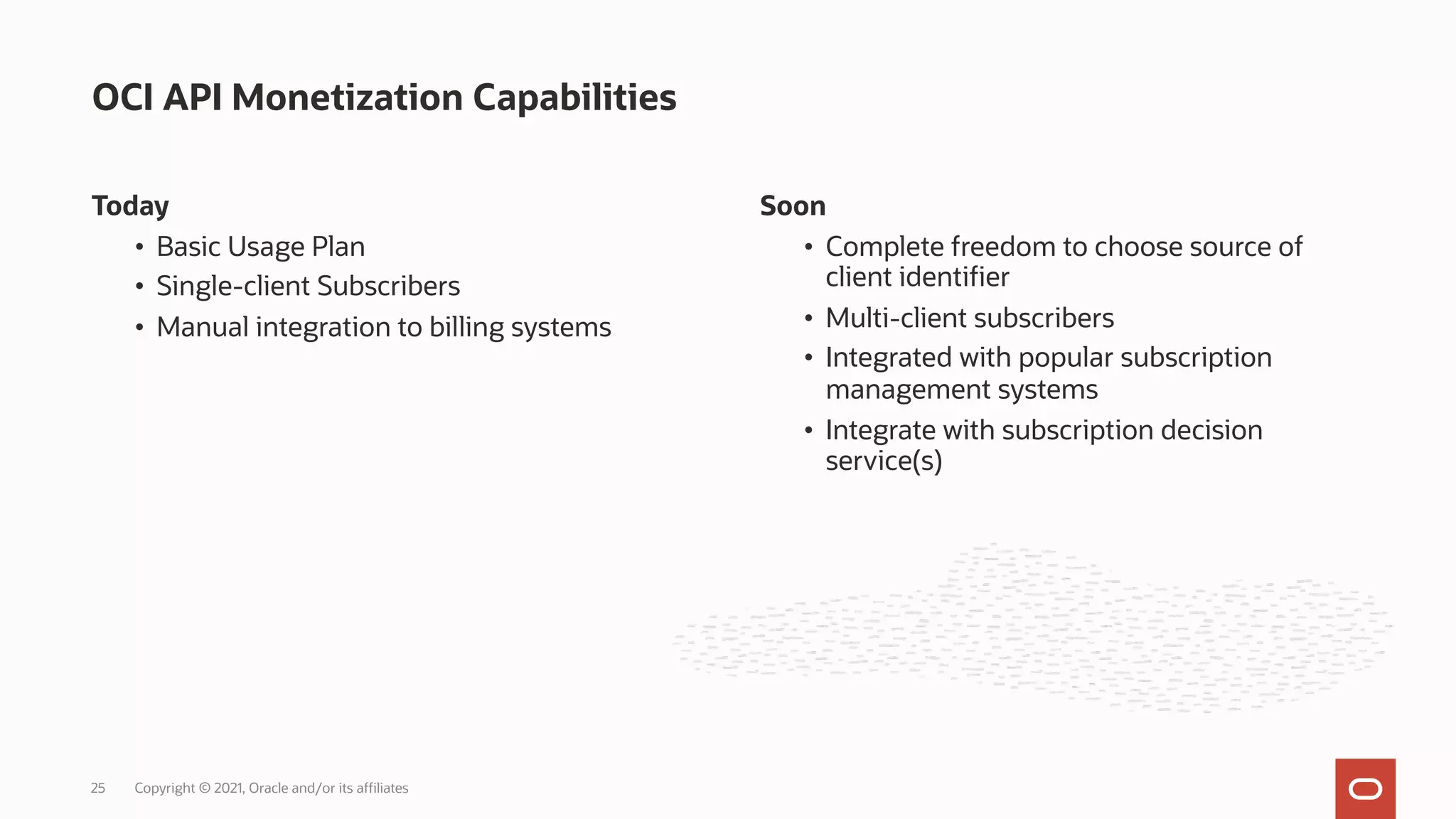Today
• Basic Usage Plan
• Single-client Subscribers
• Manual integration to billing systems
OCI API Monetization Capabilities
Copyright © 2021, Oracle and/or its affiliates
25
Soon
• Complete freedom to choose source of
client identifier
• Multi-client subscribers
• Integrated with popular subscription
management systems
• Integrate with subscription decision
service(s)
 
