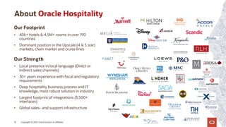 About Oracle Hospitality
Copyright © 2021, Oracle and/or its affiliates
13
Our Footprint
• 40k+ hotels & 4.5M+ rooms in over 190
countries
• Dominant position in the Upscale (4 & 5 star)
markets, chain market and cruise lines
Our Strength
• Local presence in local language (Direct or
Indirect sales channels)
• 30+ years experience with fiscal and regulatory
requirements
• Deep hospitality business process and IT
knowledge, most robust solution in industry
• Largest footprint of integrations (3,500+
interfaces)
• Global sales- and support infrastructure
 