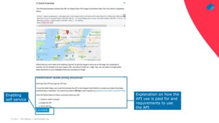 © 2021 – Phil Wilkins – mp3monster.org
Explanation on how the
API use is paid for and
requirements to use
the API
Enabling
self service
 