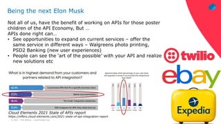 © 2021 – Phil Wilkins – mp3monster.org
Being the next Elon Musk
Not all of us, have the benefit of working on APIs for those poster
children of the API Economy, But …
APIs done right can…
• See opportunities to expand on current services – offer the
same service in different ways – Walgreens photo printing,
PSD2 Banking (new user experiences)
• People can see the ‘art of the possible’ with your API and realize
new solutions etc
Cloud Elements 2021 State of APIs report
https://offers.cloud-elements.com/2021-state-of-api-integration-report
 