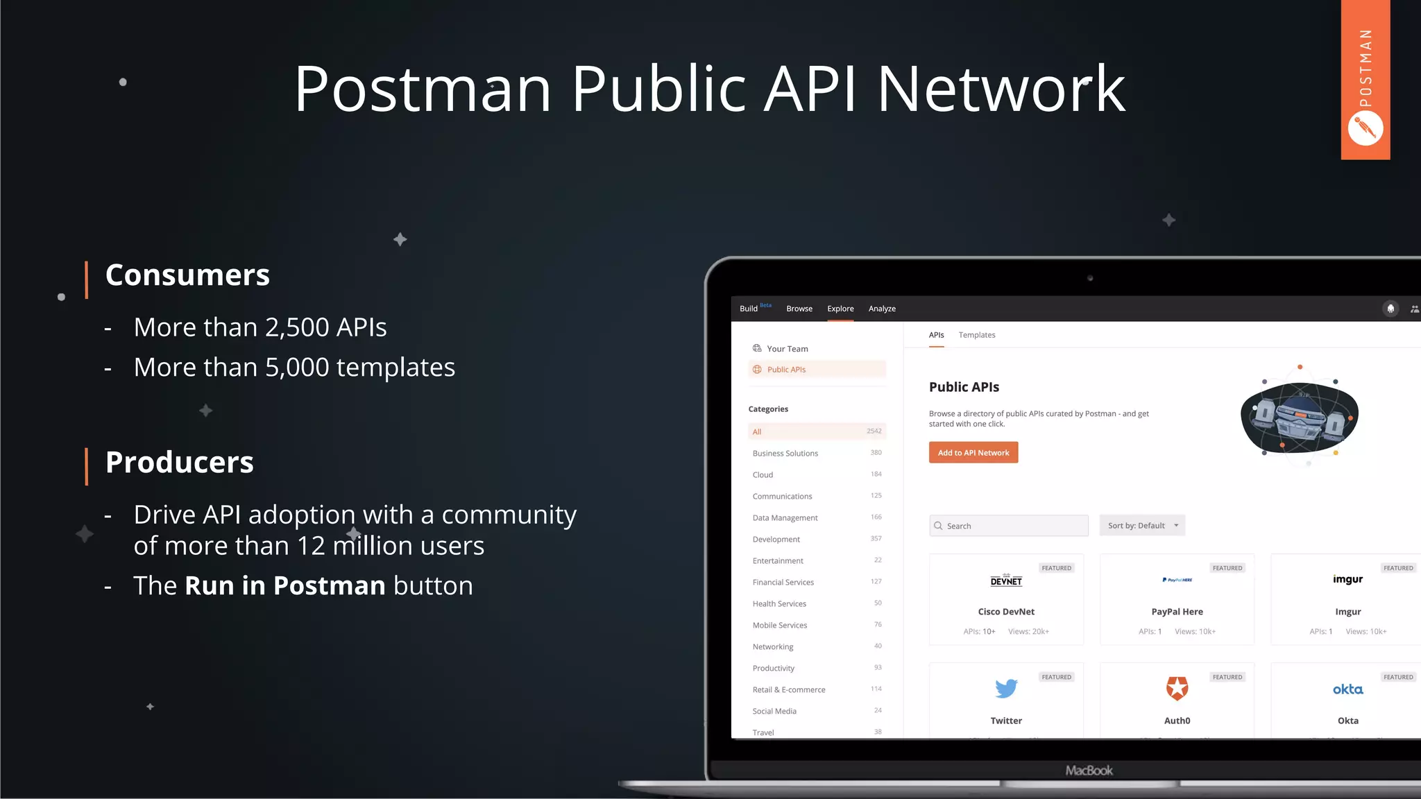 Postman Public API Network
Consumers
- More than 2,500 APIs
- More than 5,000 templates
Producers
- Drive API adoption with a community
of more than 12 million users
- The Run in Postman button
Your Team
 