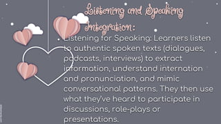 slidesmania.com
● Listening for Speaking: Learners listen
to authentic spoken texts (dialogues,
podcasts, interviews) to extract
information, understand internation
and pronunciation, and mimic
conversational patterns. They then use
what they’ve heard to participate in
discussions, role-plays or
presentations.
Listening and Speaking
Integration:
 